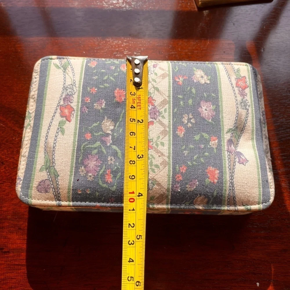 Vintage fabric jewelry box mirror inside. Travel jewelry box